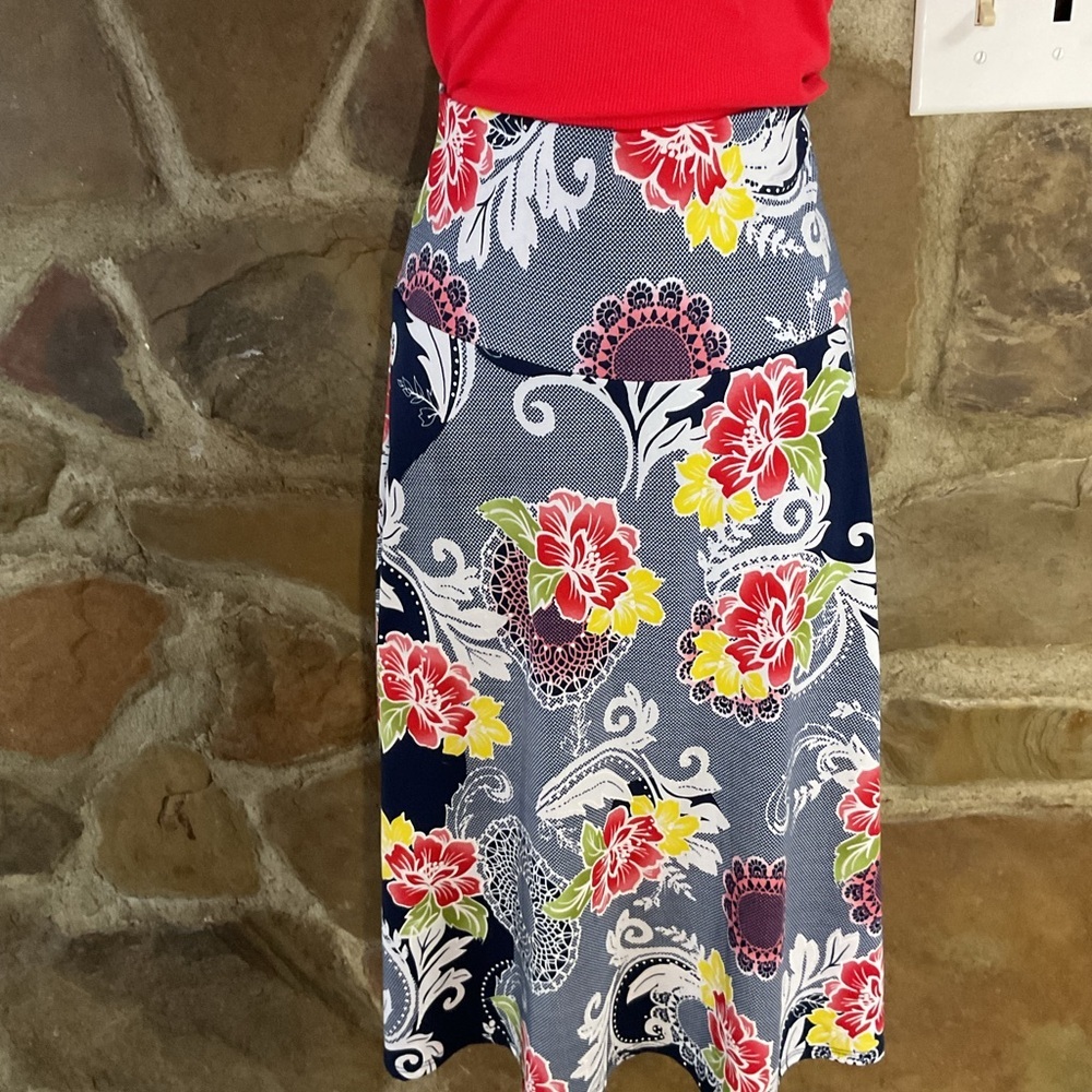 Ashley Blue Navy Maxi Skirt with Red & Yellow Floral Print